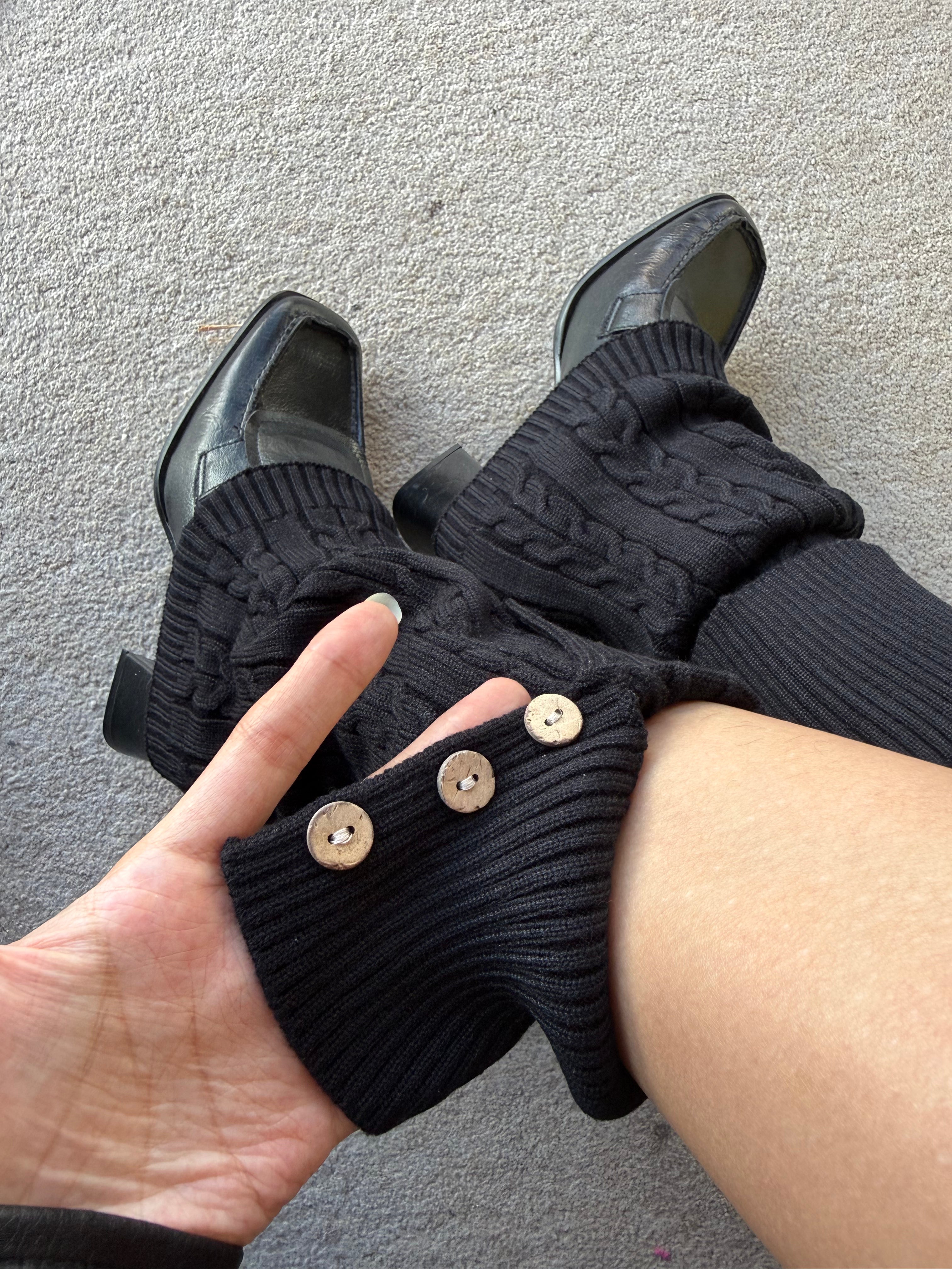 Black Cable-Knit Fold-Over Button Leg Warmers