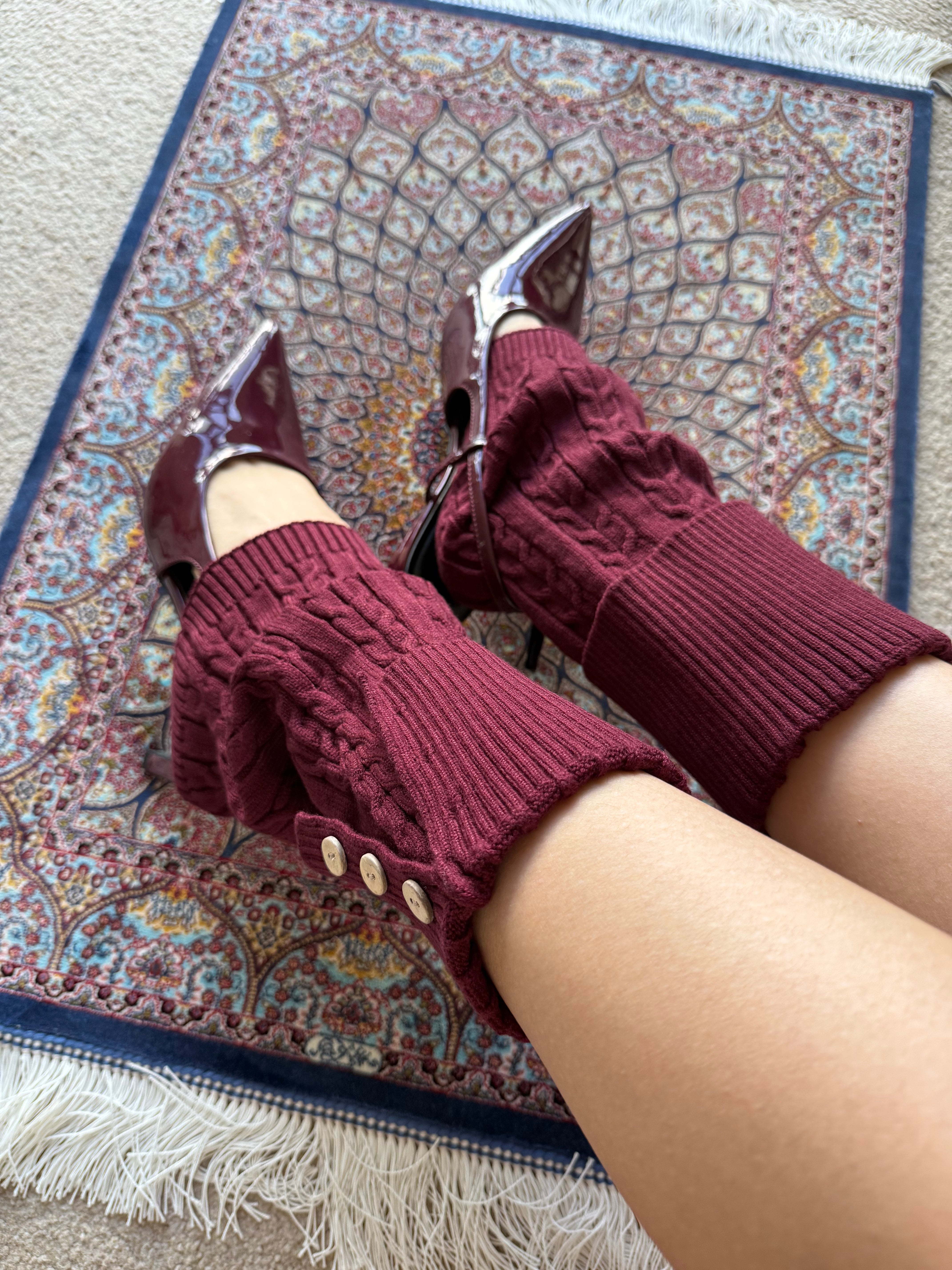 Burgundy Cable-Knit Fold-Over Button Leg Warmers