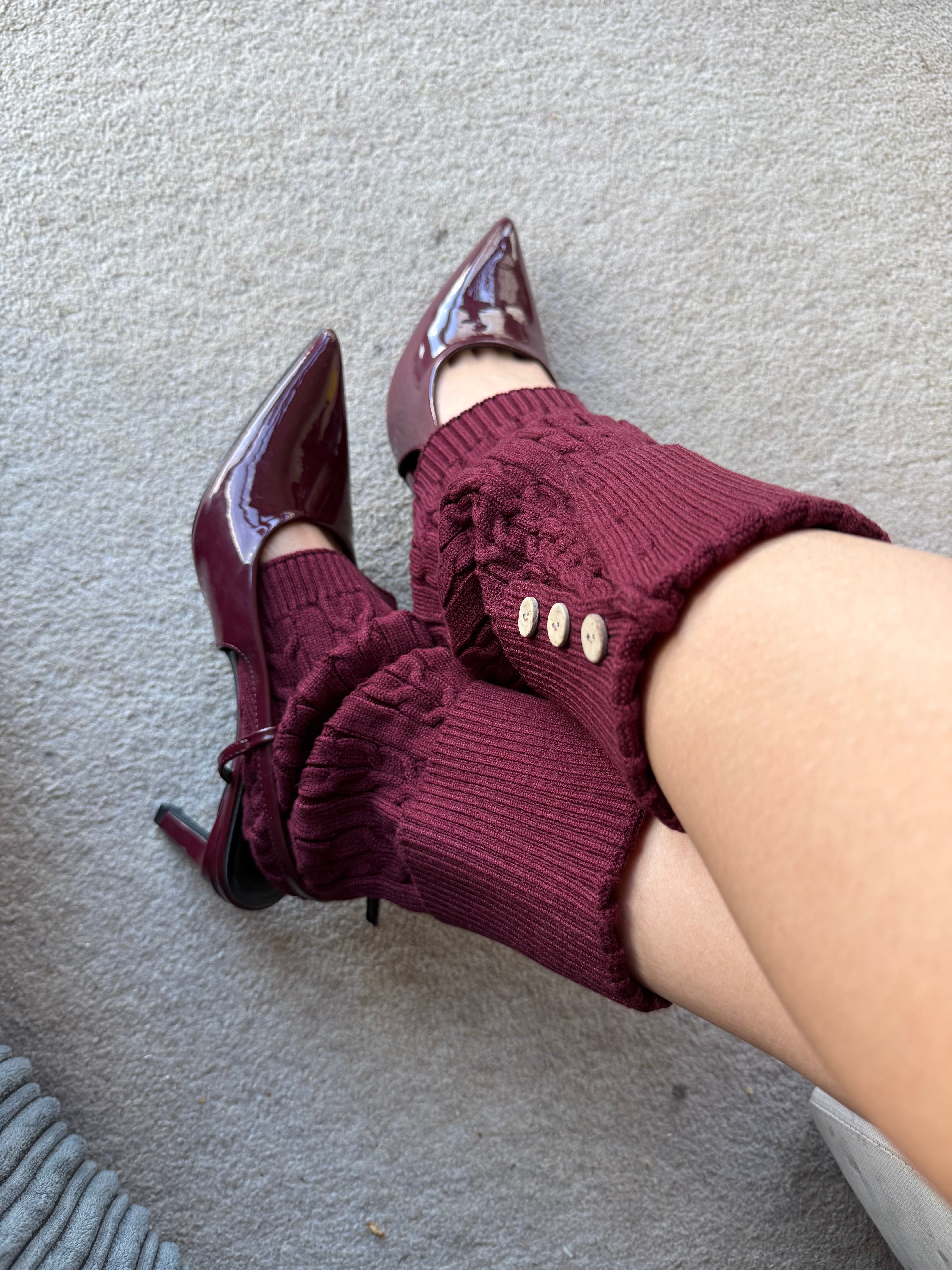 Burgundy Cable-Knit Fold-Over Button Leg Warmers