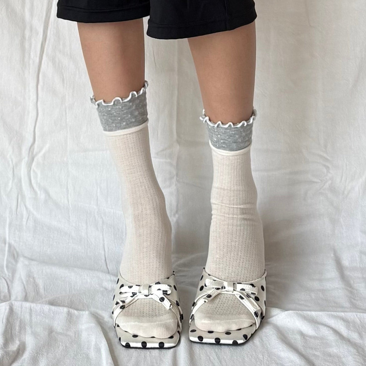Cream White Mini Crew Socks with Grey Polka Dot Ruffle-Cuff