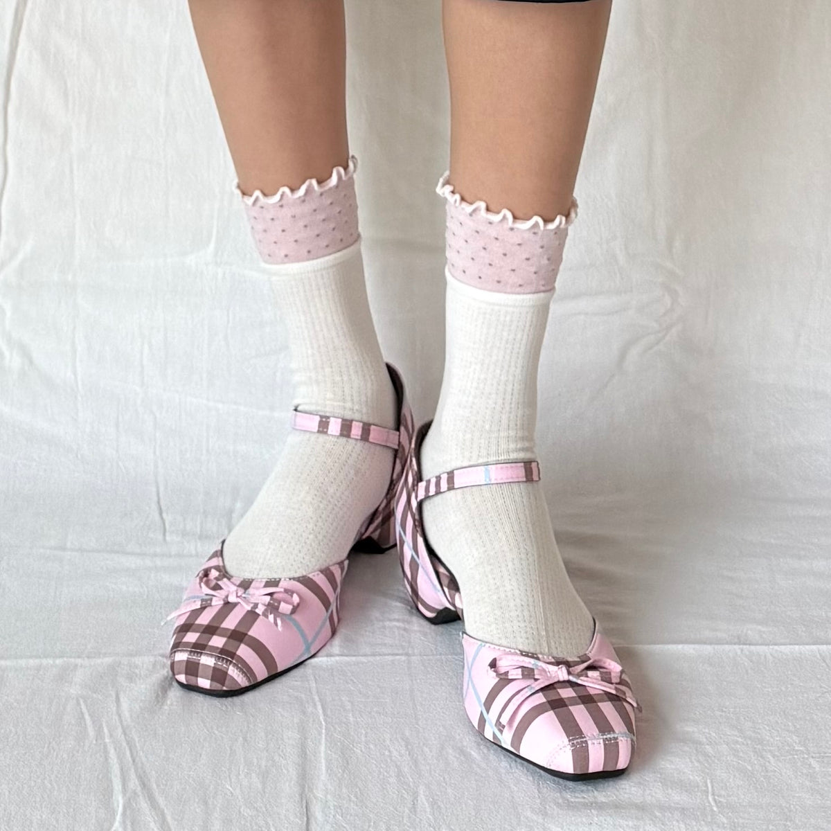 Cream White Mini Crew Socks with Pink Polka Dot Ruffle-Cuff (Copy)