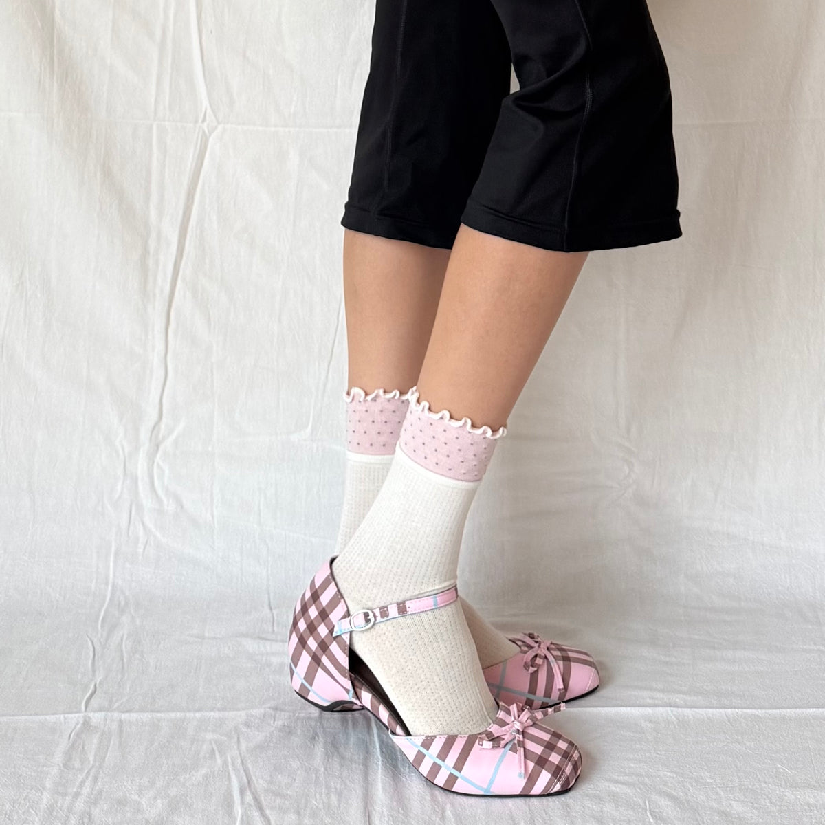 Cream White Mini Crew Socks with Pink Polka Dot Ruffle-Cuff (Copy)