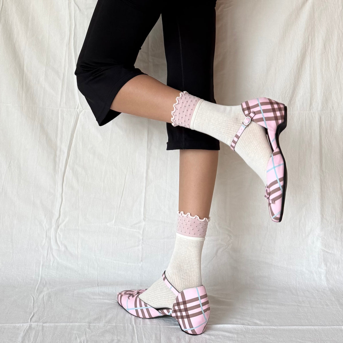Cream White Mini Crew Socks with Pink Polka Dot Ruffle-Cuff (Copy)
