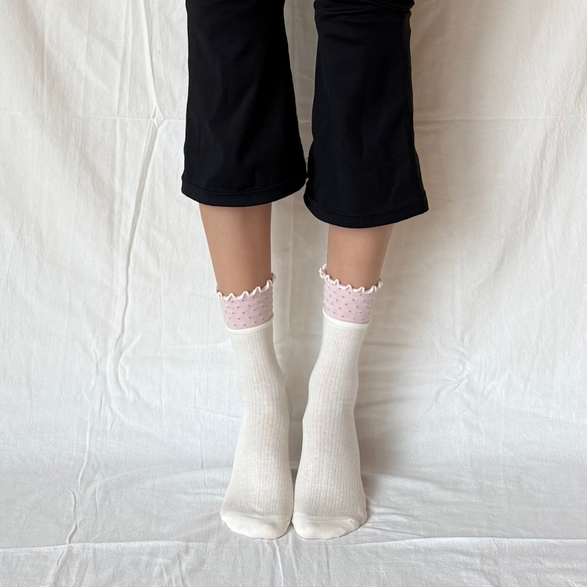 Cream White Mini Crew Socks with Pink Polka Dot Ruffle-Cuff (Copy)