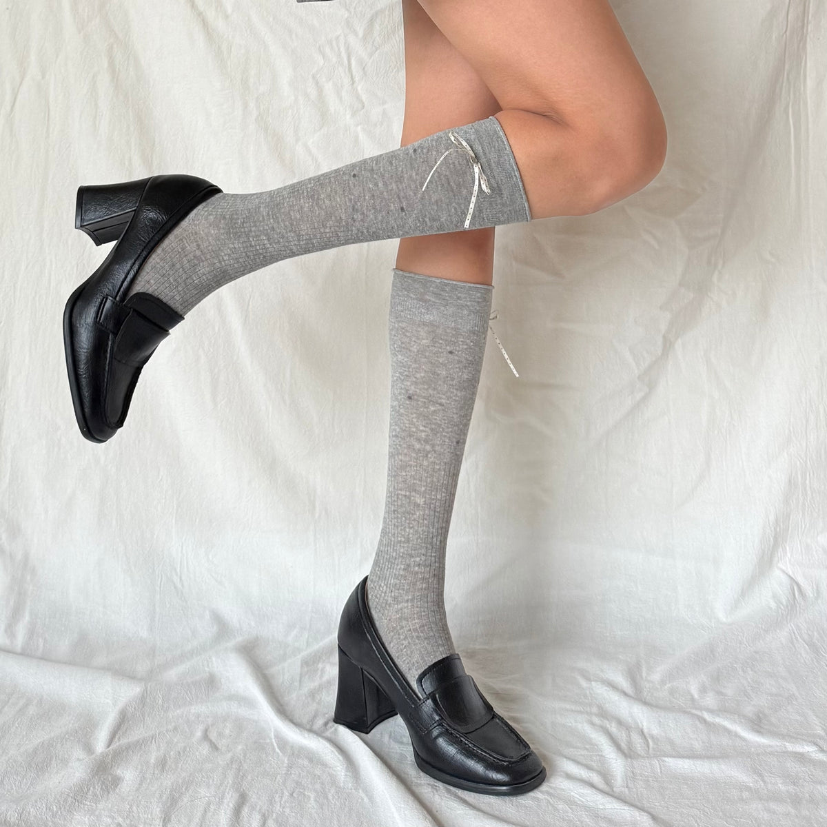 Grey Polka Dot Ribbon Knee-High Socks with Heart Charm
