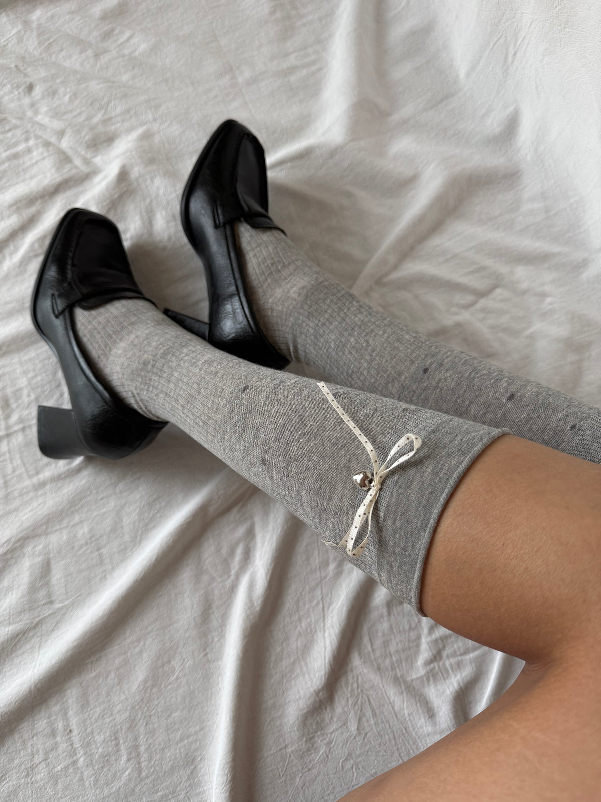Grey Polka Dot Ribbon Knee-High Socks with Heart Charm