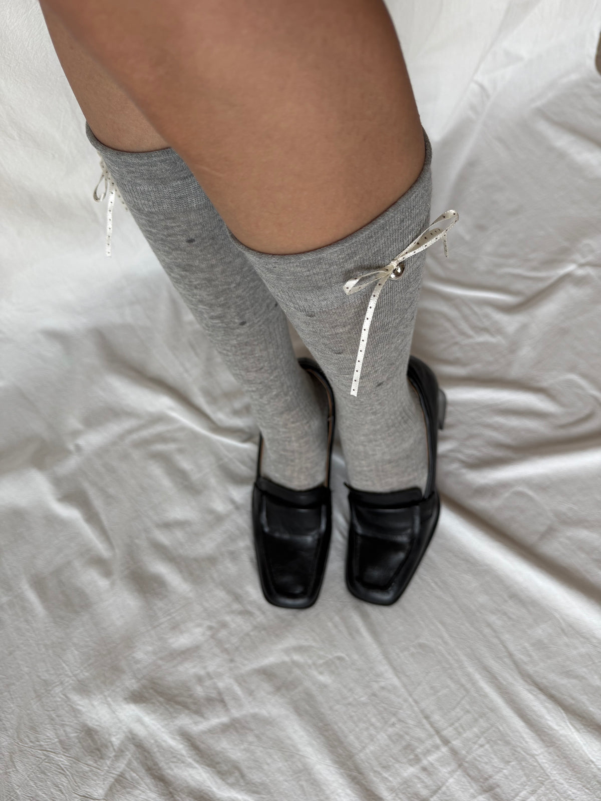 Grey Polka Dot Ribbon Knee-High Socks with Heart Charm