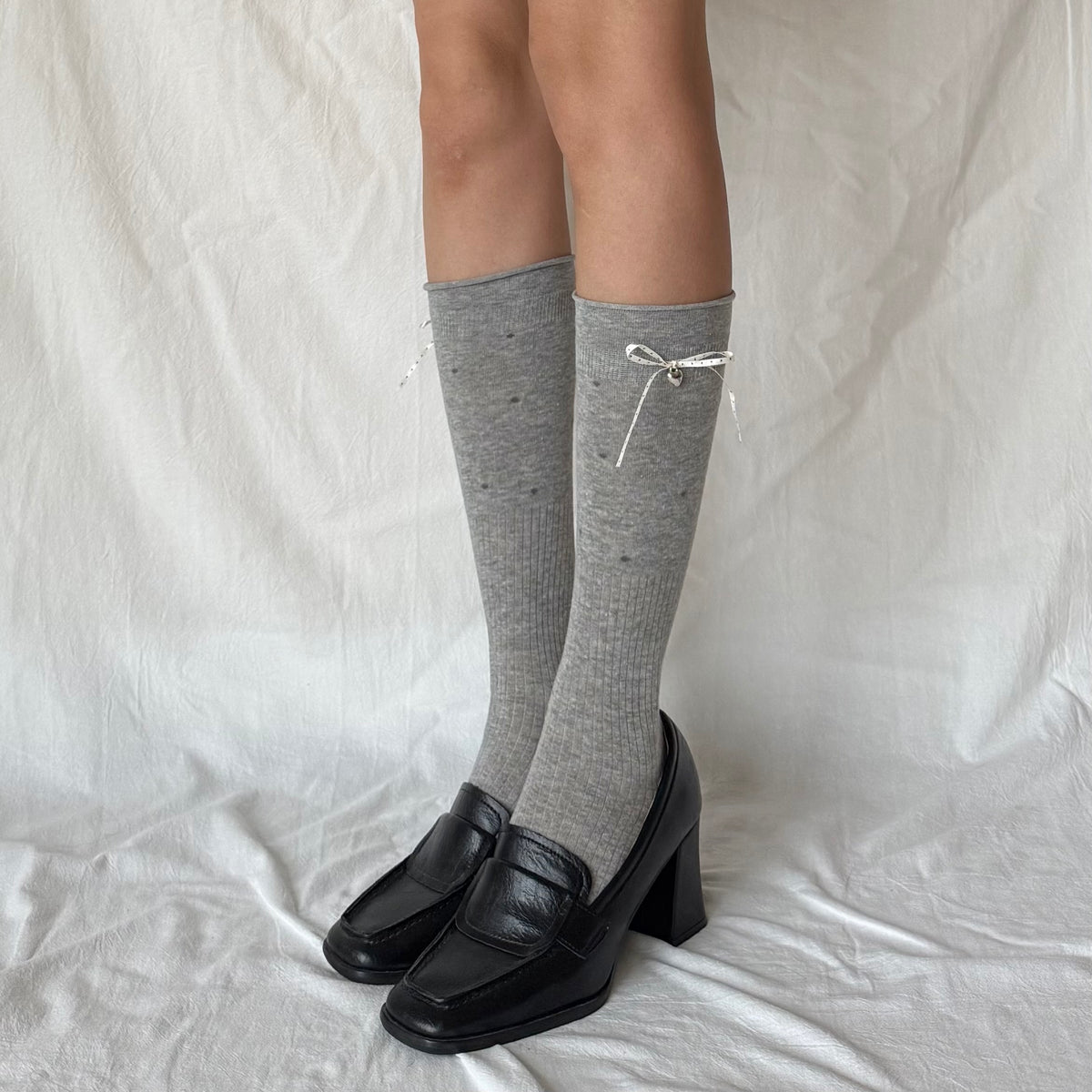 Grey Polka Dot Ribbon Knee-High Socks with Heart Charm