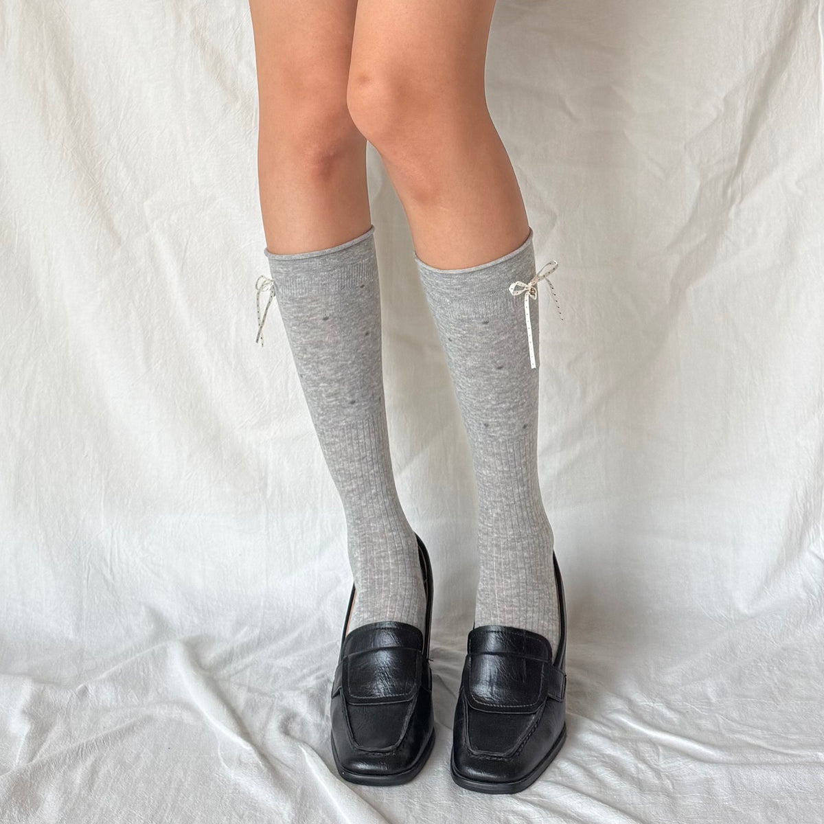 Grey Polka Dot Ribbon Knee-High Socks with Heart Charm