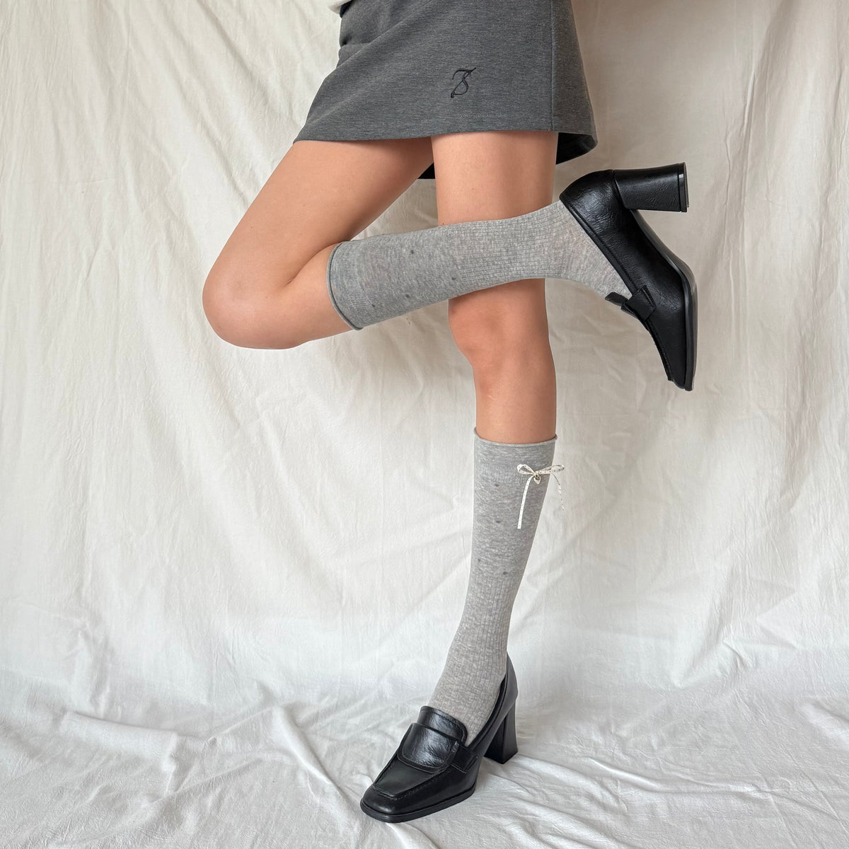 Grey Polka Dot Ribbon Knee-High Socks with Heart Charm