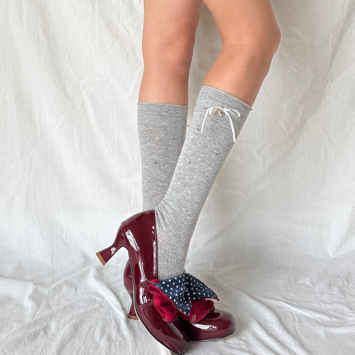 Grey Polka Dot Ribbon Knee-High Socks with Heart Charm