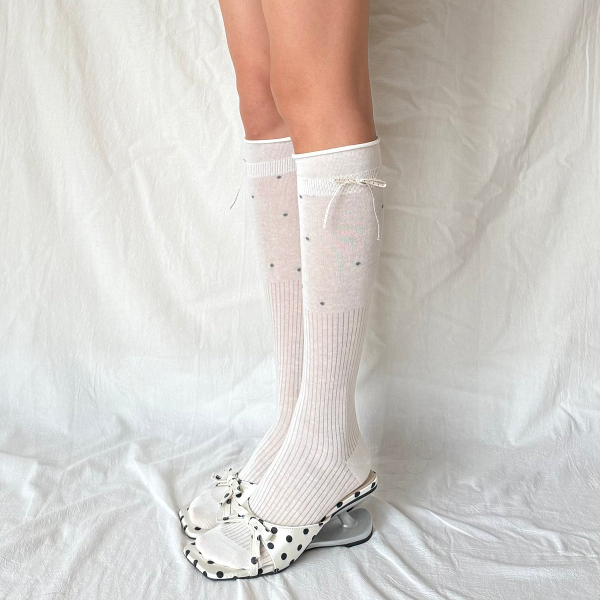 Cream White Polka Dot Ribbon Knee-High Socks with Heart Charm