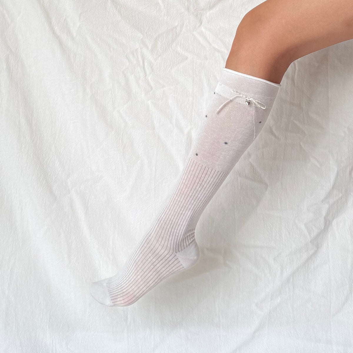 Cream White Polka Dot Ribbon Knee-High Socks with Heart Charm
