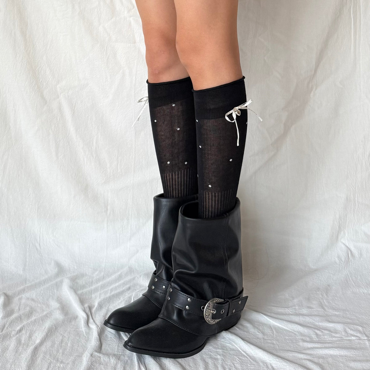 Black Polka Dot Ribbon Knee-High Socks with Heart Charm
