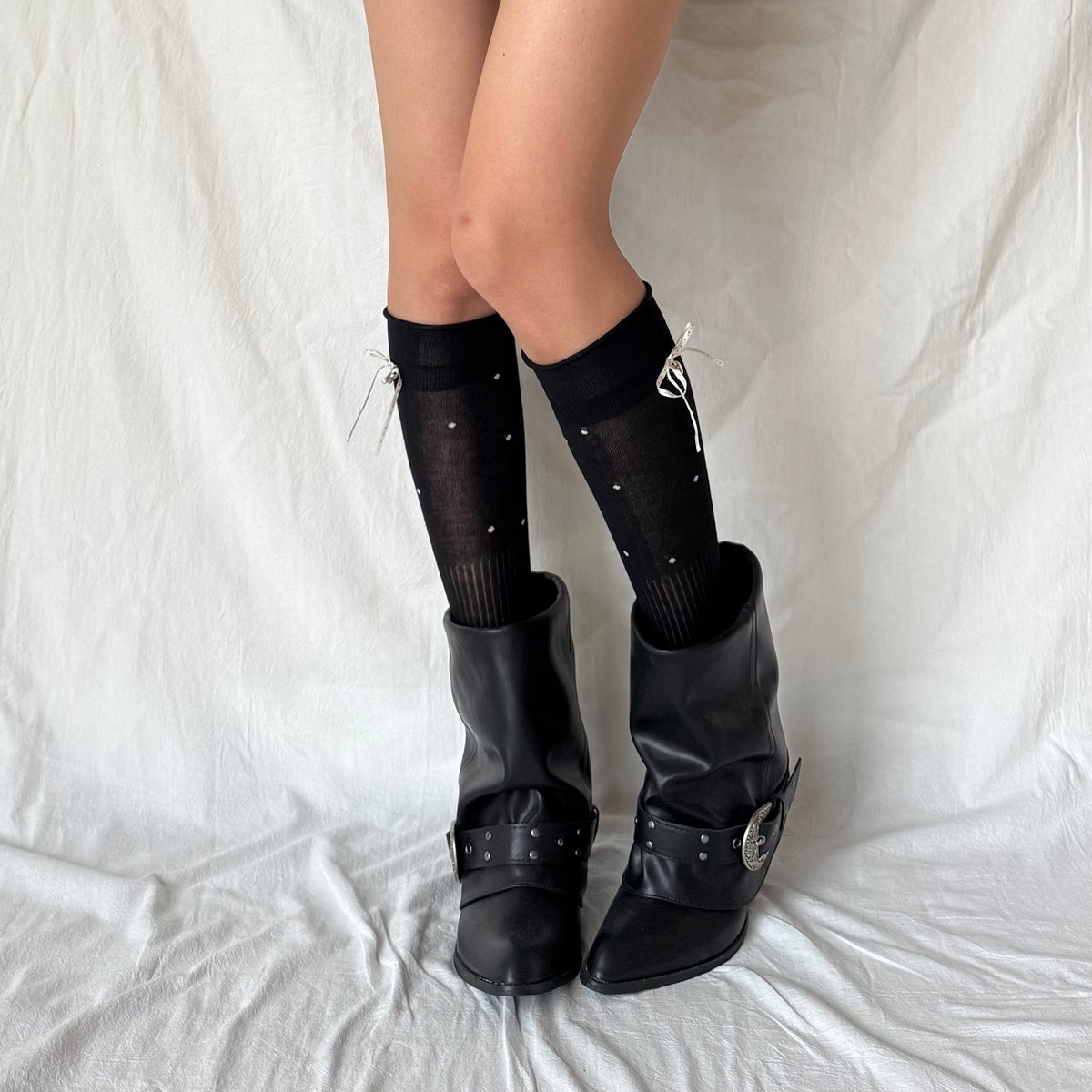 Black Polka Dot Ribbon Knee-High Socks with Heart Charm