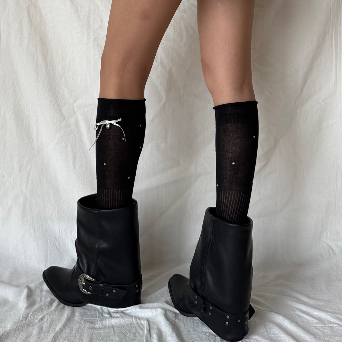 Black Polka Dot Ribbon Knee-High Socks with Heart Charm