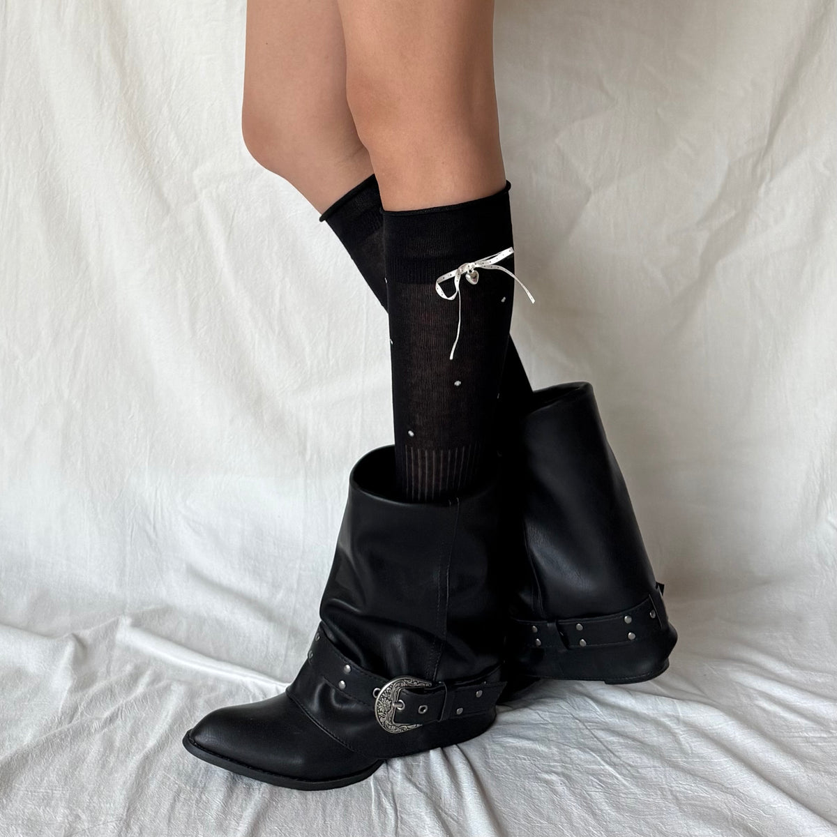 Black Polka Dot Ribbon Knee-High Socks with Heart Charm