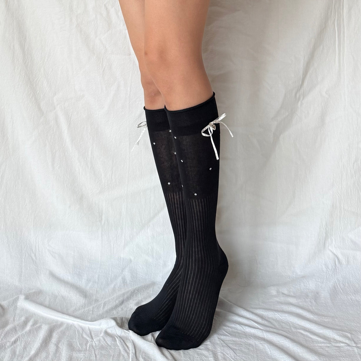 Black Polka Dot Ribbon Knee-High Socks with Heart Charm