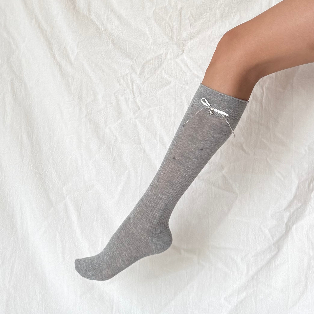 Grey Polka Dot Ribbon Knee-High Socks with Heart Charm