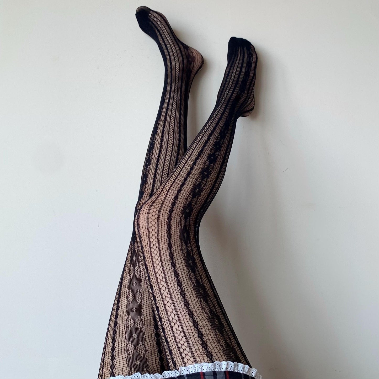 Black Floral Striped Fishnet Tights