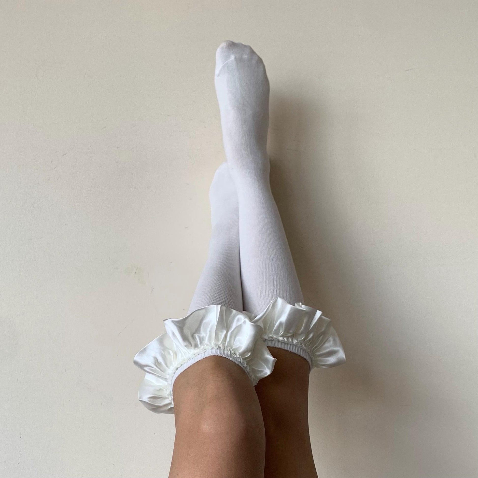 White Cotton Knee High Socks with Satin Ruffle - socks