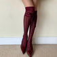 Burgundy Diamond Fishnet Knee High Socks with Adjustable Lace Bow Tie - stockings