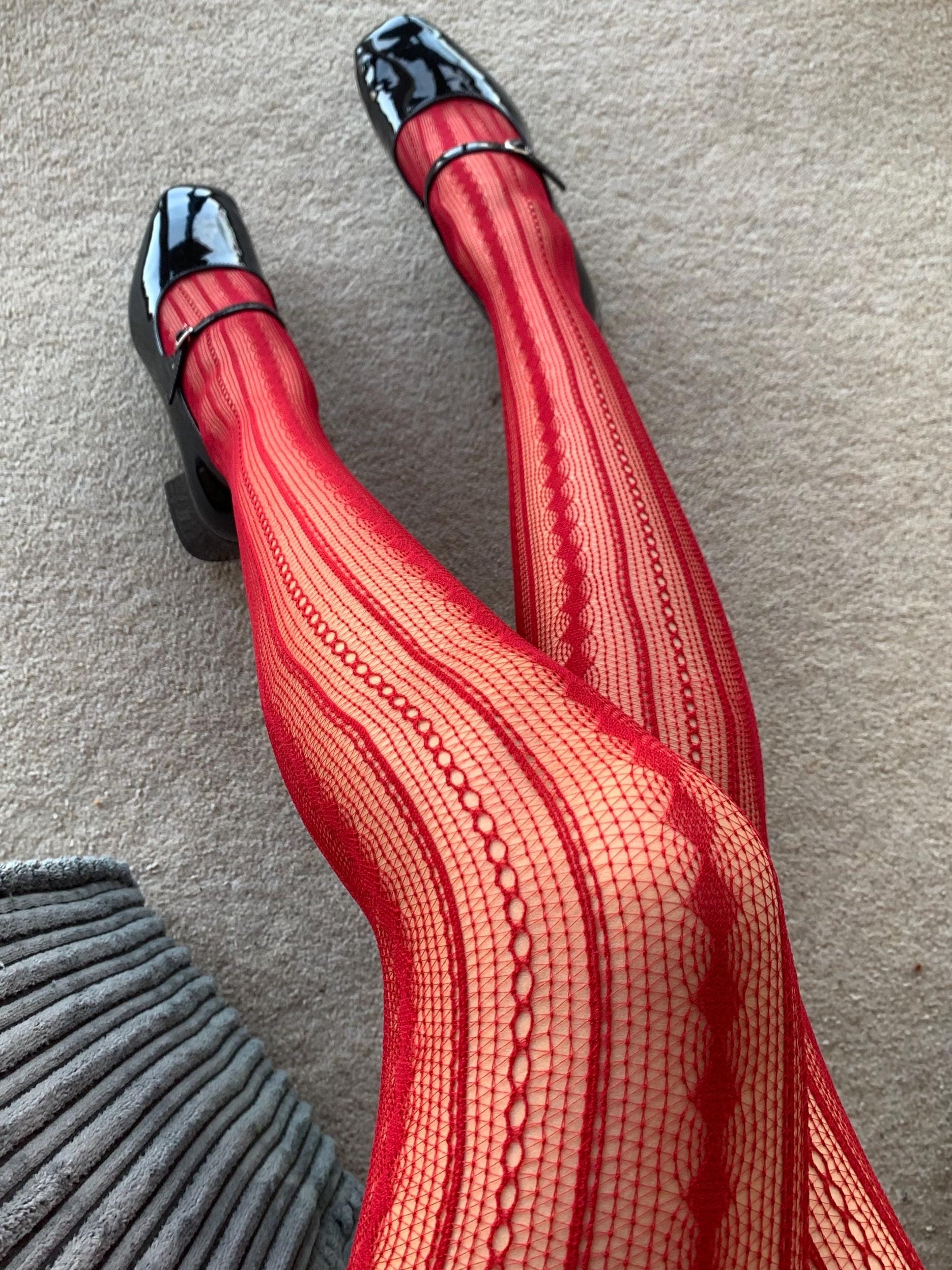 Geometric Fish Net Red Geometric Stripped Fishnet Tights - PrettyFussyLegs