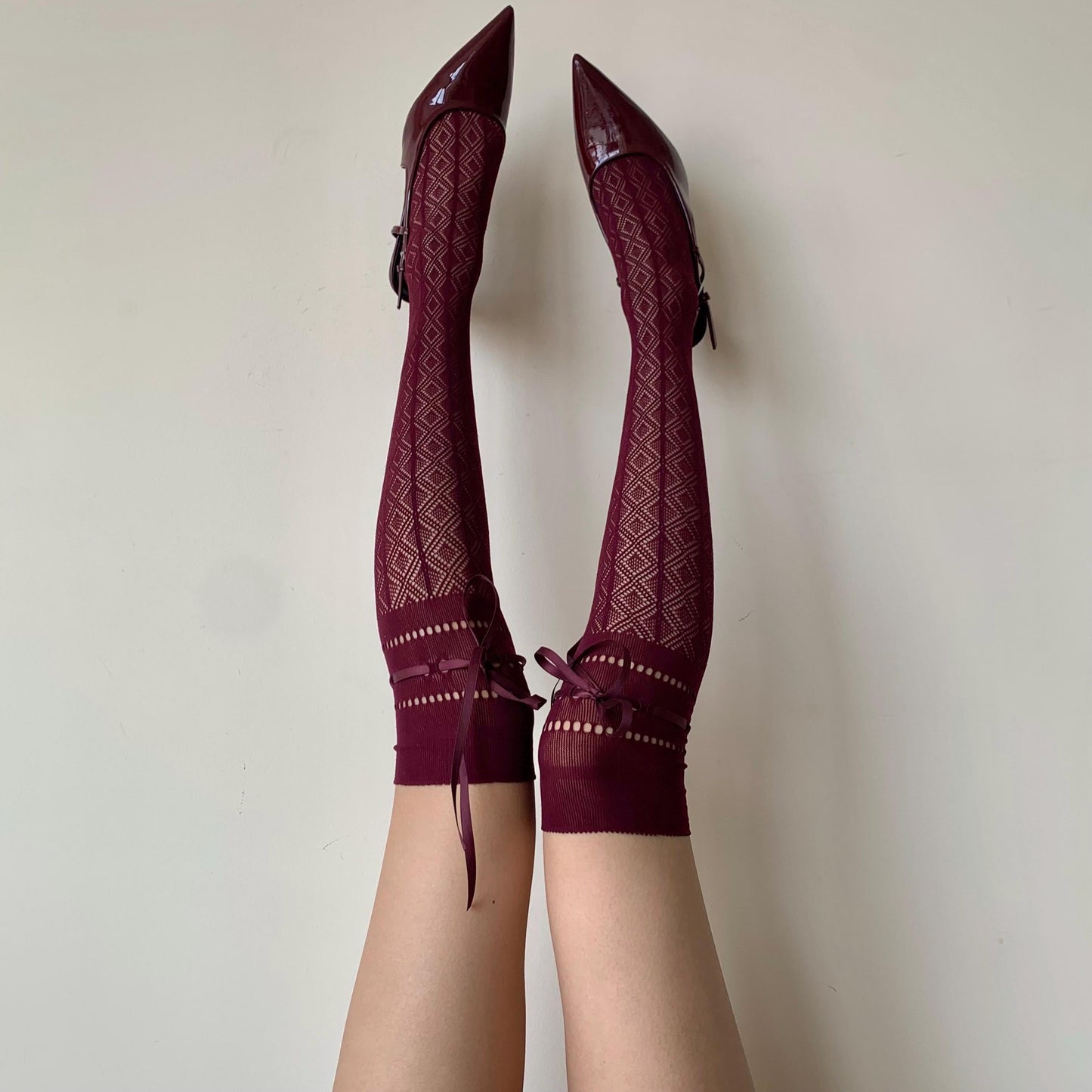 Burgundy Diamond Fishnet Knee High Socks with Adjustable Lace Bow Tie - stockings