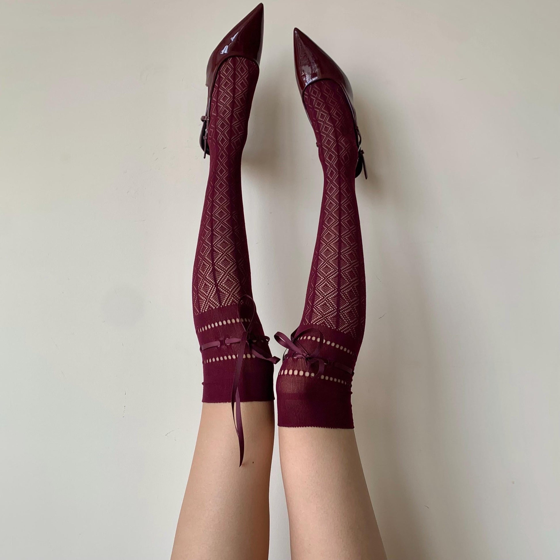 Burgundy Diamond Fishnet Knee High Socks with Adjustable Lace Bow Tie - stockings