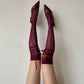 Burgundy Diamond Fishnet Knee High Socks with Adjustable Lace Bow Tie - stockings