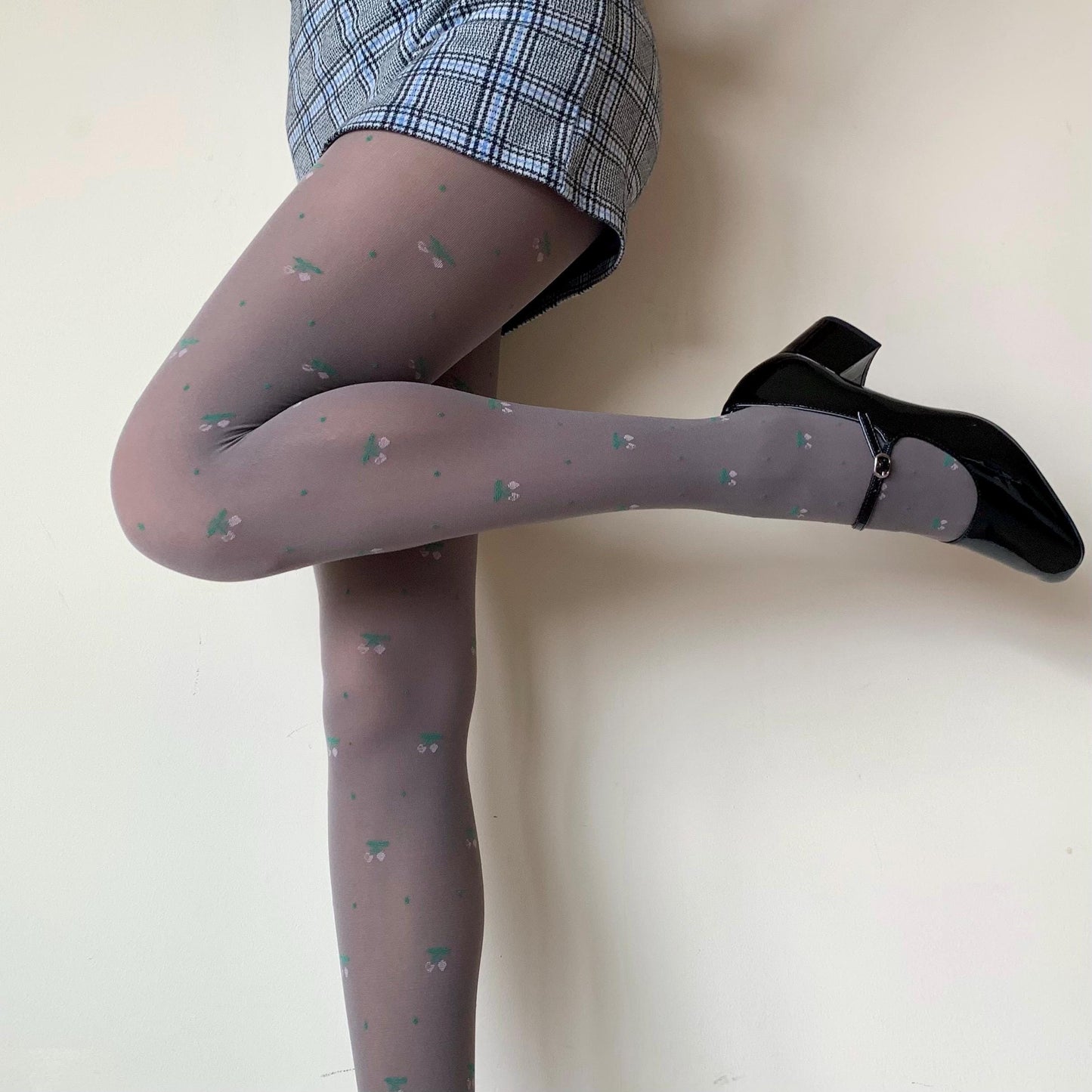 Grey Cherry Pattern Velvet Tights