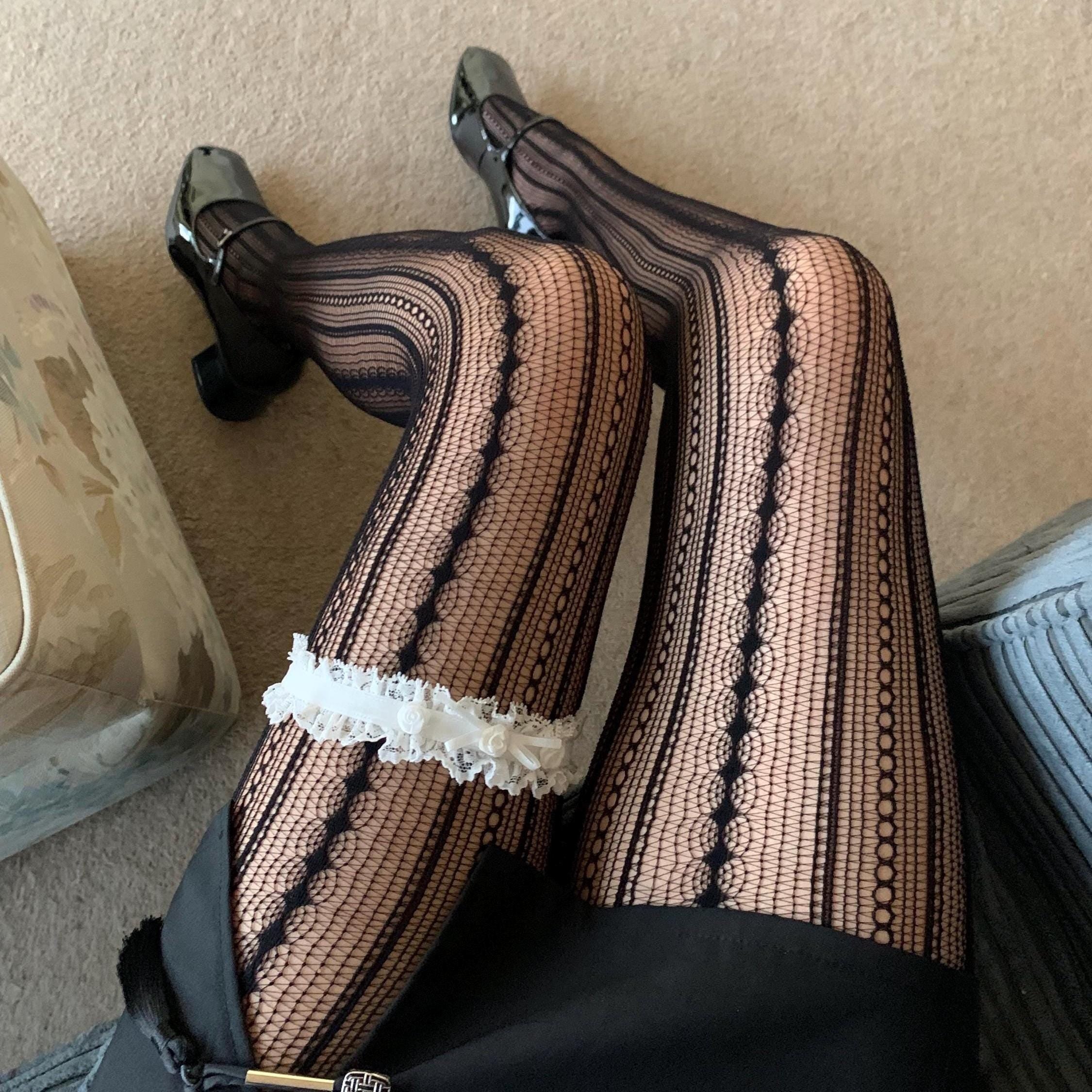 Black Geometric Striped Fishnet Tights