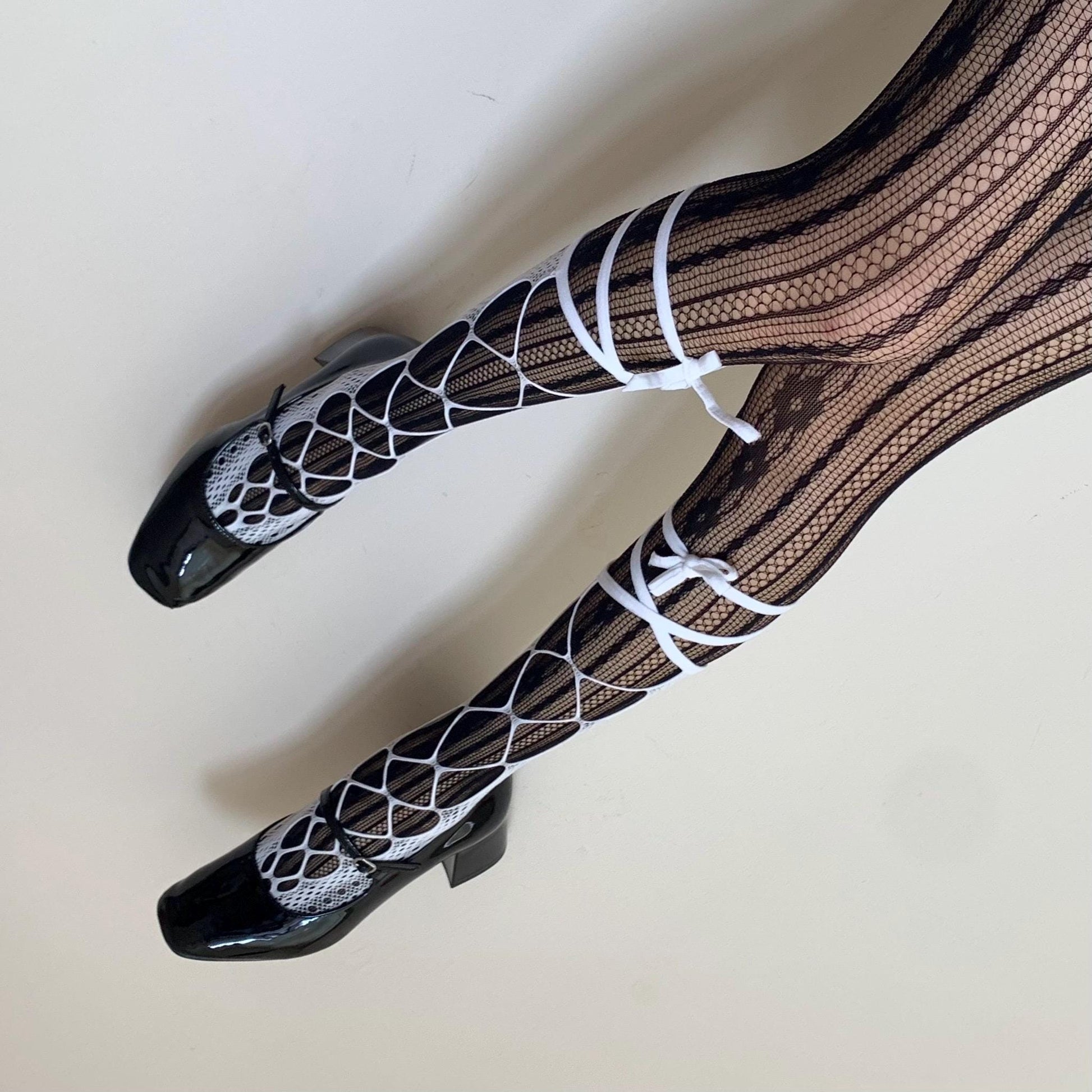 White Lace-Up Fishnet Socks with Adjustable Ribbon Straps - socks
