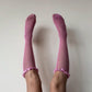 Pink Floral Knee High Frilled Socks with Lace Ruffle - socks