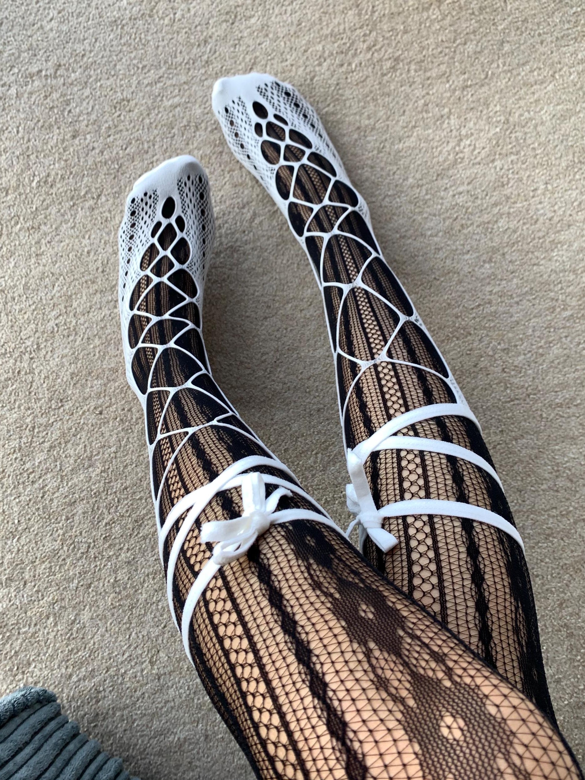 White Lace-Up Fishnet Socks with Adjustable Ribbon Straps - socks