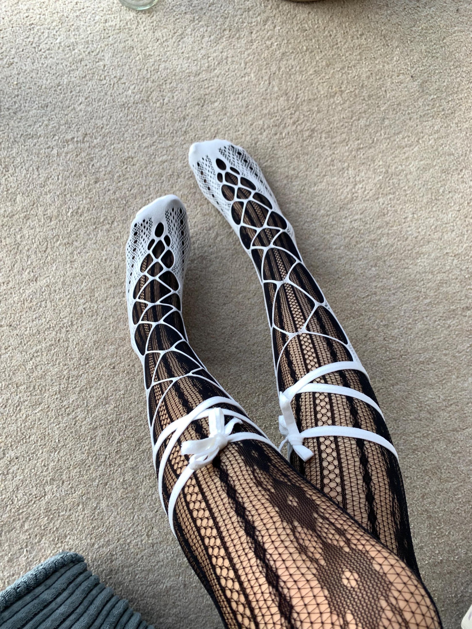 White Lace-Up Fishnet Socks with Adjustable Ribbon Straps - socks