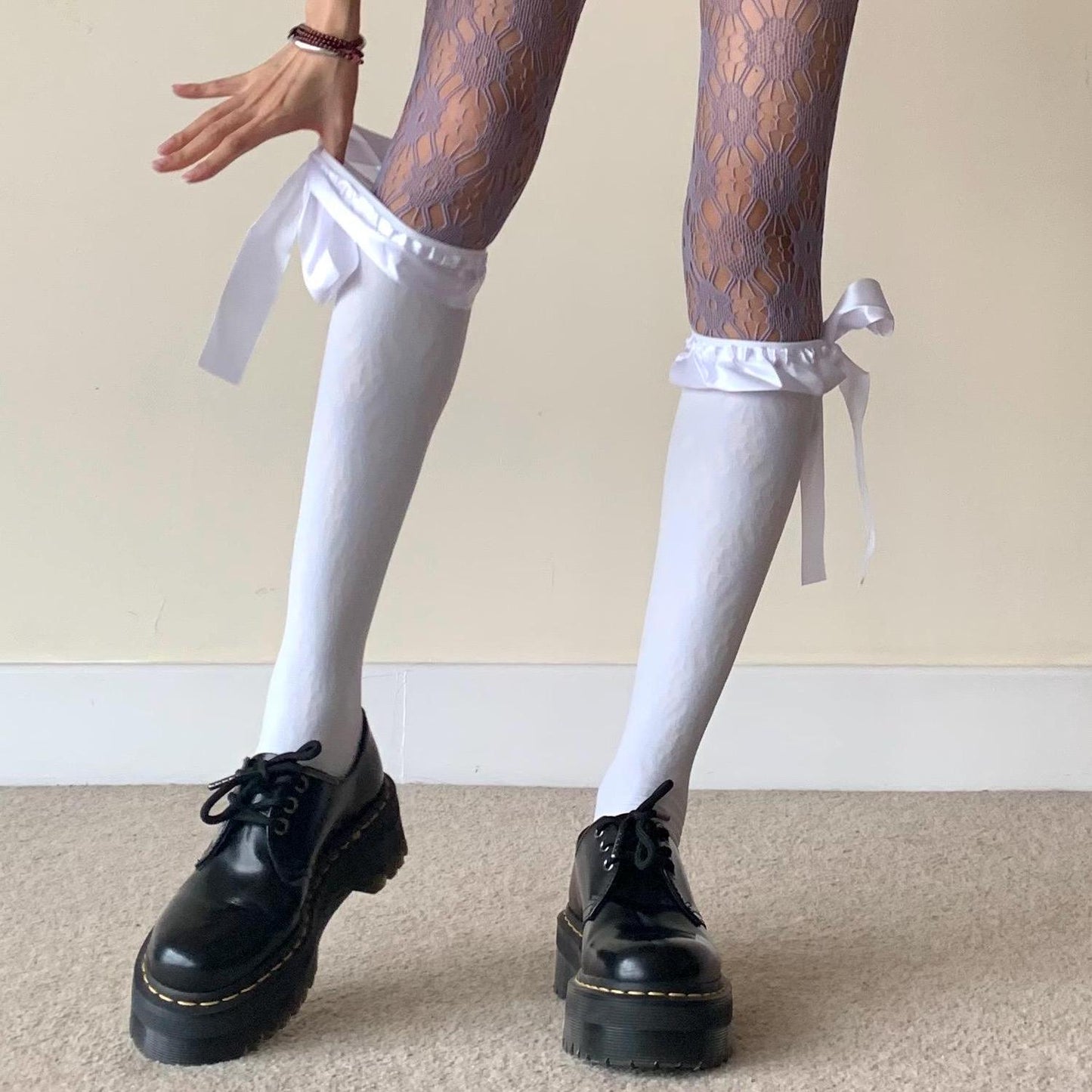 Knee-high Velvet Socks with Satin Ruffled Top and Bow Tie - socks