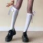 Knee-high Velvet Socks with Satin Ruffled Top and Bow Tie - socks