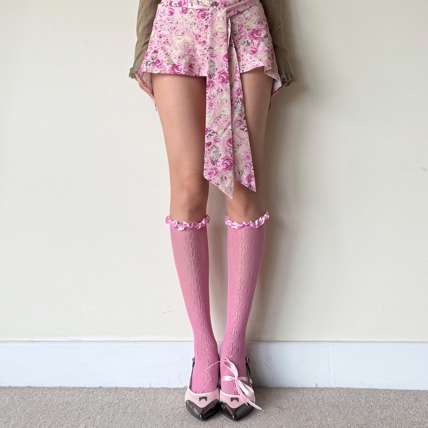 Pink Floral Knee High Frilled Socks with Lace Ruffle - socks