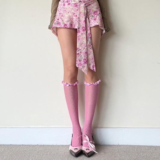 Pink Floral Knee High Frilled Socks with Lace Ruffle - socks