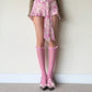 Pink Floral Knee High Frilled Socks with Lace Ruffle - socks