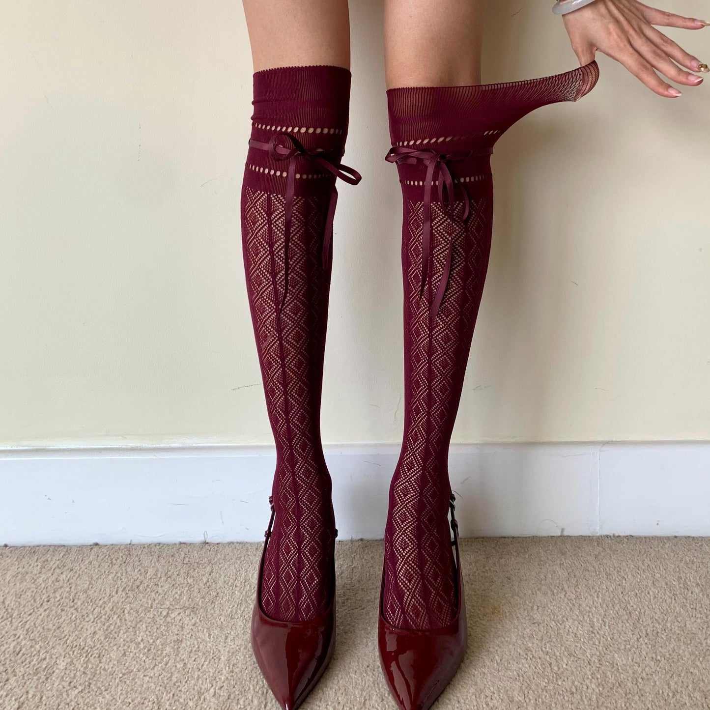 Burgundy Diamond Fishnet Knee High Socks with Adjustable Lace Bow Tie - stockings
