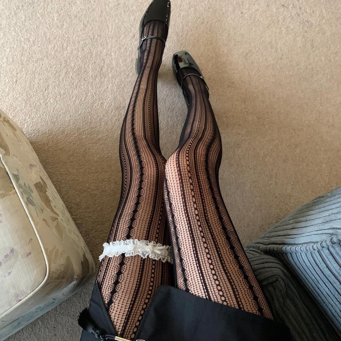 Black Geometric Striped Fishnet Tights