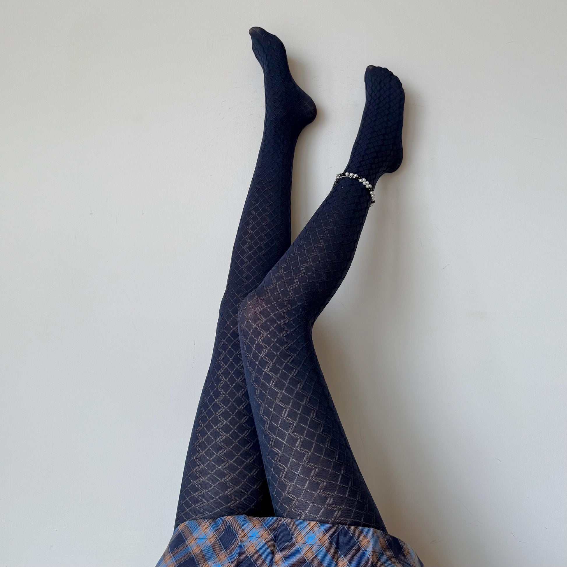 Dark Navy Blue Velvet 3D Crisscross Tights 110D - tights