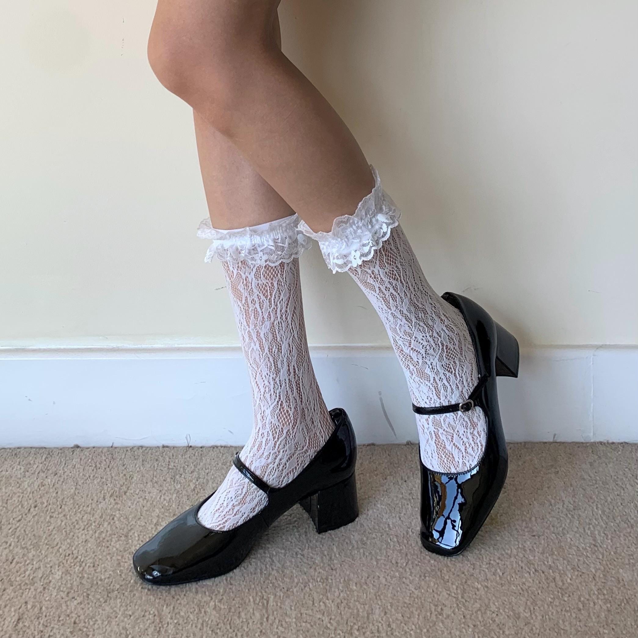 White Floral Frilled Lace Fishnet Socks