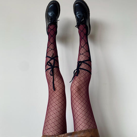 Black Lace-Up Fishnet Socks with Adjustable Ribbon Straps - socks