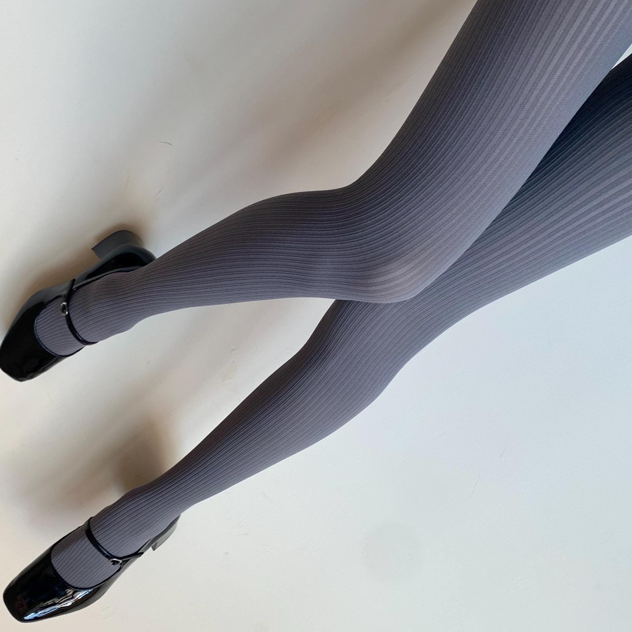Blue Grey Ribbed Velvet Opaque Tights