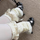 Cream White Knit-Style Leg Warmers with Lace Frill & Bow - leg warmers