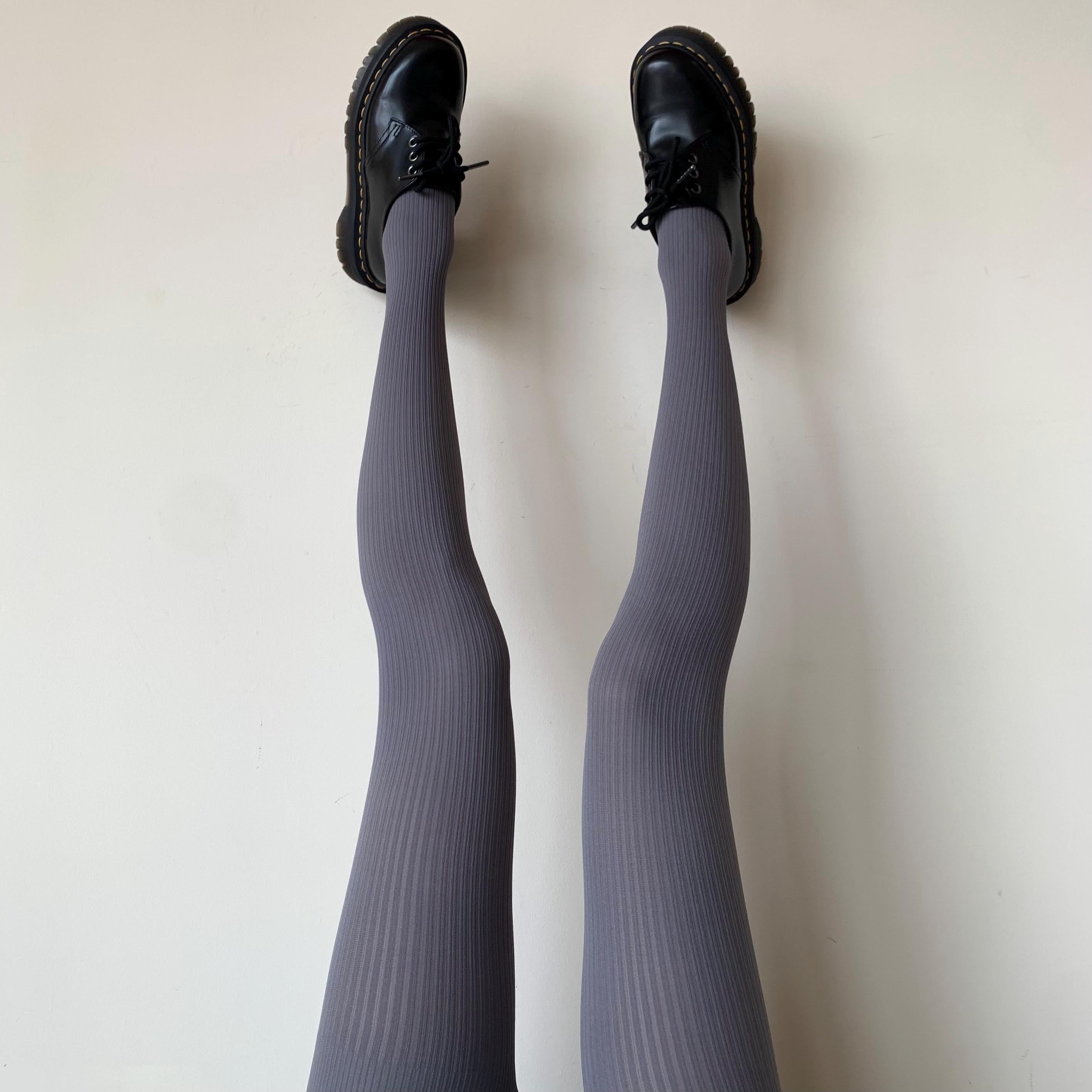 Blue Grey Ribbed Velvet Opaque Tights