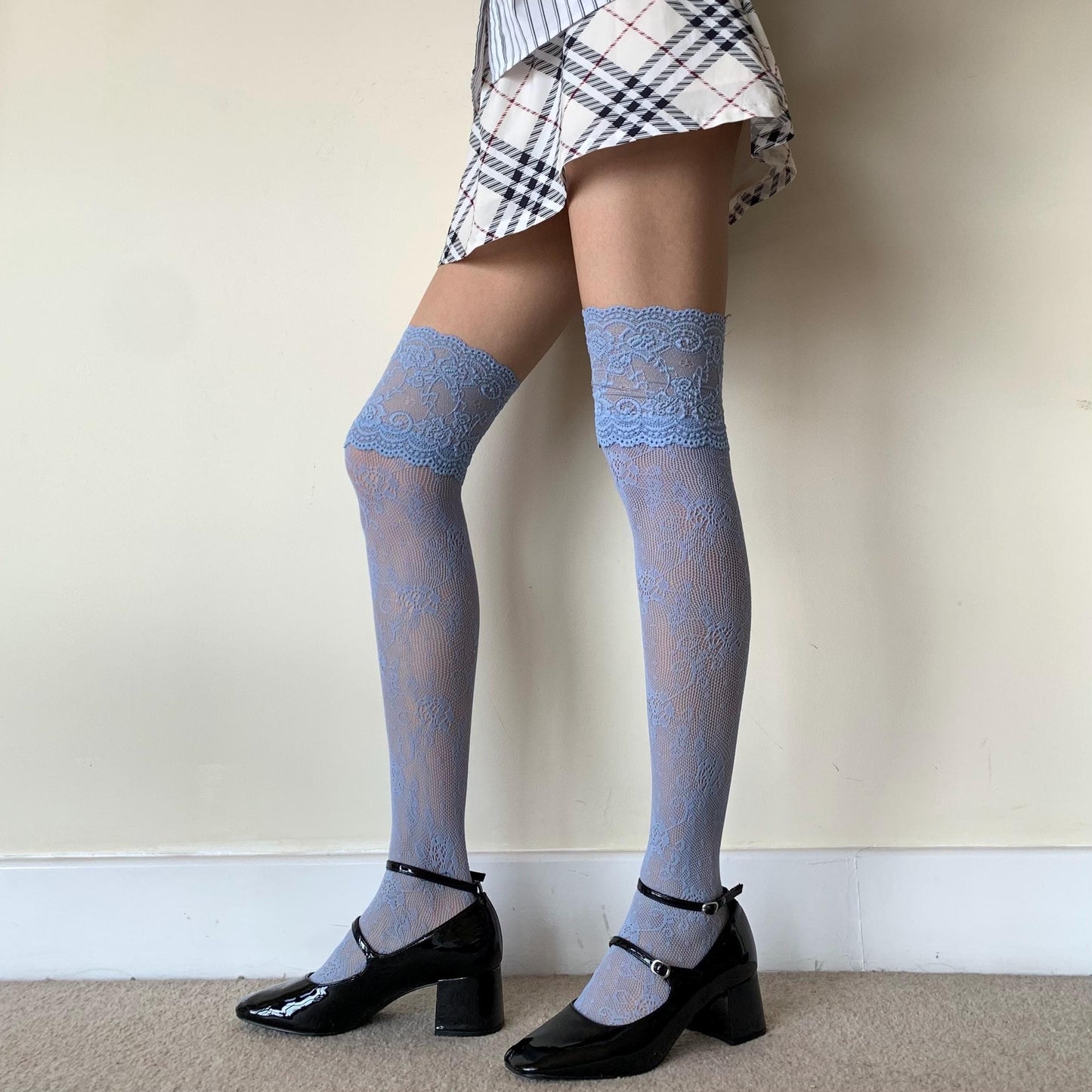 Blue Thigh High Hold-up Rose Pattern Fishnet Stockings with Lace Trim - stockings